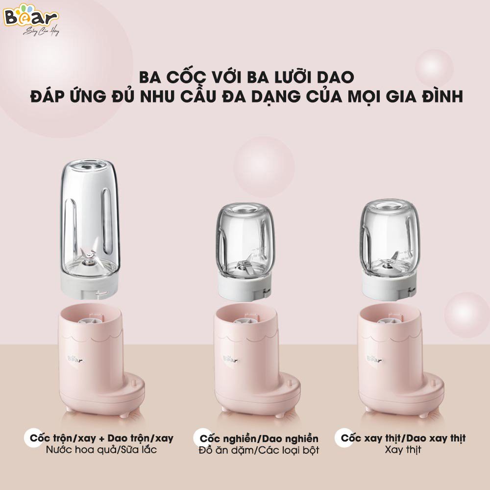 Máy Xay Đa Năng Bear 3 Cối Thủy Tinh Model LLJ-C04J1 Cao Cấp Dành Cho Bé Ăn Dặm Tặng Thìa Hàng Chính Hãng