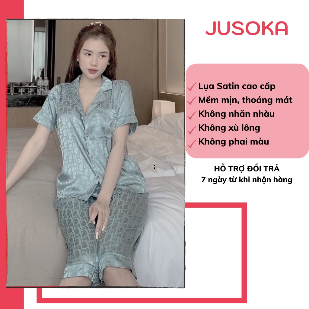 Đồ bộ nữ dễ thương lụa ngủ pijama áo cộc quần lửng mặc nhà cao cấp chất liệu gấm tơ mềm mại JUSOKA DB4002