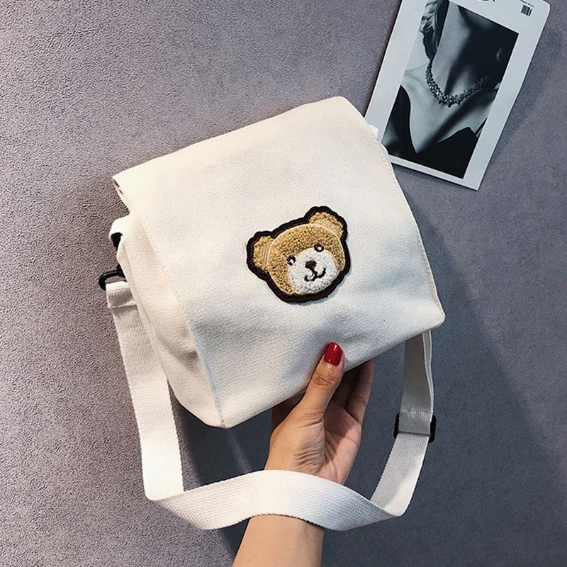 Túi Canvas Đeo Chéo Mềm Mại Họa Tiết Gấu Nhỏ Thời Trang Harajuku Nhật Hàn Đáng Yêu Cho Nữ