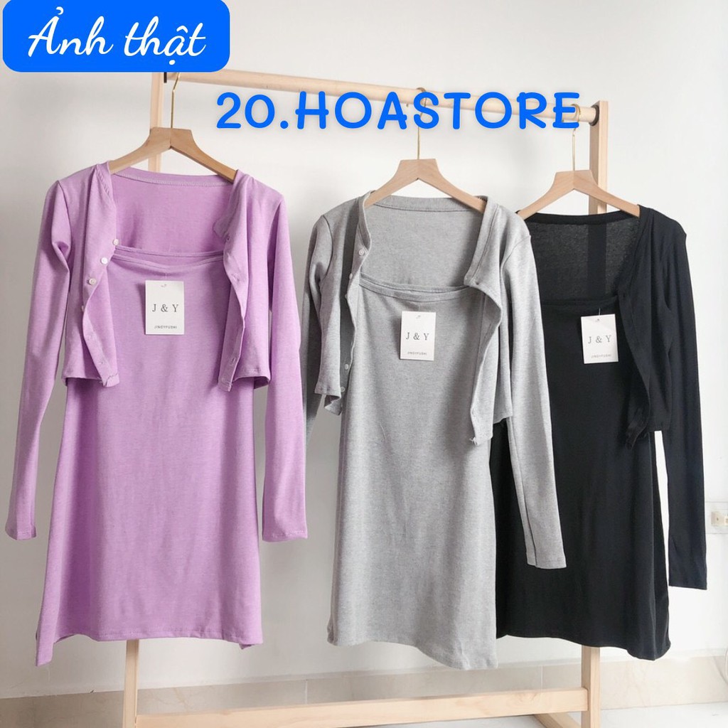 SET VÁY 2 DÂY TRƠN MIX ÁO KHOÁC NGOÀI CARDIGAN - SET 2 MÓN VÁY HAI DÂY BODY + ÁO KHOÁC ÁO CROPTOP CÀI CÚC ĐEN XÁM TÍM HO | BigBuy360 - bigbuy360.vn