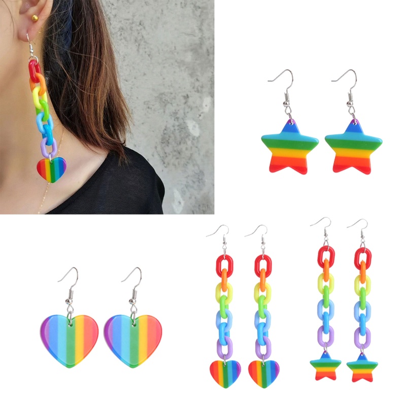 Bông Tai Dạng Móc Bằng Acrylic Phối Dây Xích Gọn Nhẹ Màu Cầu Vồng Thời Trang