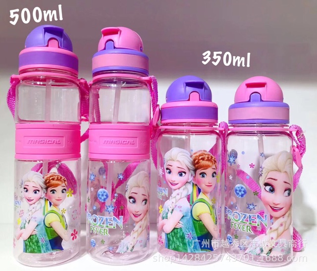 Bình nước có ống hút Hello Kitty, Elsa, Nhện cho bé dung tích 350ml, 500ml