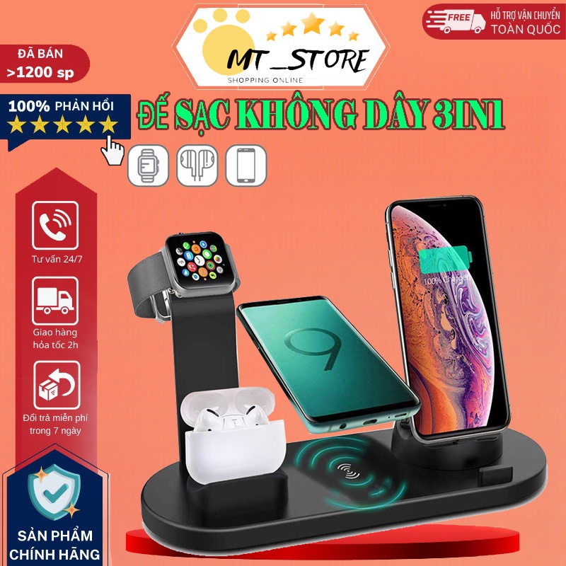 Đế Sạc Không Dây 3 Trong 1 Sạc Nhanh Cổng Ip Android Type-C Cho Điện Thoại Tai Nghe Bluetooth Smart Watch - BH 12 tháng