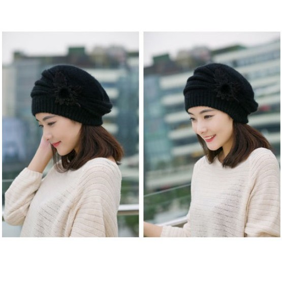 [QUẢNG CHÂU_TRỢ SHIP ĐƠN 50K] Mũ len, nón len xếp ly đính hoa A021 mềm mại, 2 lớp, lót lông, ấm ấp, dùng quanh năm