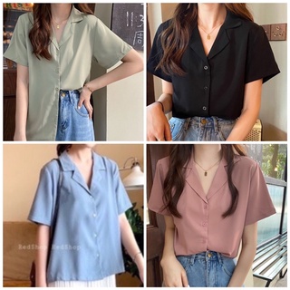 Áo sơ mi cộc tay nữ cổ vest vintage phong cách Hàn Quốc