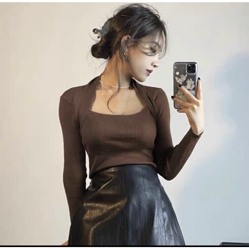 Áo len tăm dáng ôm cổ vuông phá cách phong cách Hàn Quốc kiểu ulzzang