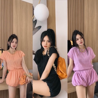 S124 set áo xốp ngắn tay phối quần sooc bo bồng ống siêu sang, chất đũi xốp qc vân nổi bao xịn