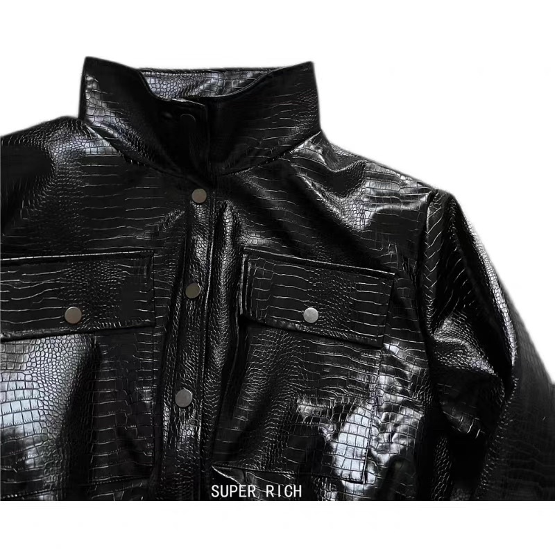 Áo khoác da dáng ngắn túi hộp bo gấu