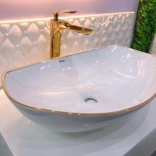 Chậu rửa mặt thuyền, lavabo viền vàng gb 8172