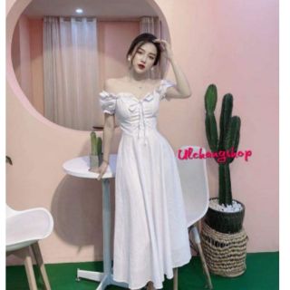 Đầm trắng xòe đan dây ngực mặc 2 kiểu ulzzang hàn quốc