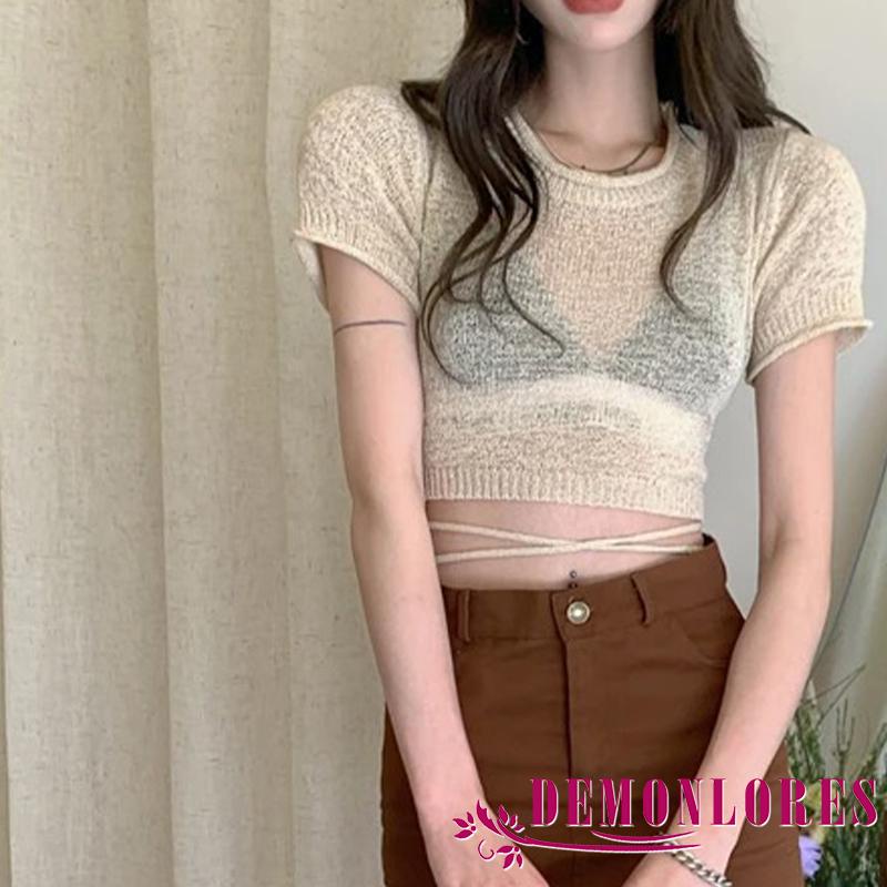 Áo Croptop Dệt Kim Mỏng Tay Ngắn Cổ Tròn Màu Trơn Phối Dây Buộc Sau Lưng Thời Trang Mùa Hè Cho Nữ
