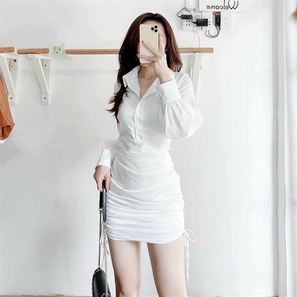 (Ưu Đãi Freeship) Đầm sơ mi nữ tay dài phồng,đầm thiết kế ôm rút dây cá tính,chất kate mềm mát,hàng chuẩn shop