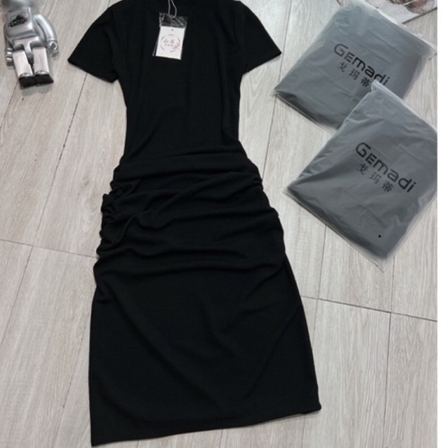 Váy Body Đen Dúm Hông Dáng Dài Tay Cộc Đầm Ôm Bó Chất Bozip