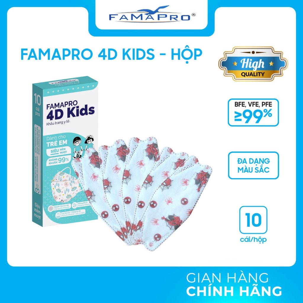 [4D KIDS HỘP 10 CÁI] Khẩu trang 4D KIDS (kf94) Famapro 3 lớp kháng khuẩn cao cấp cho bé 3-6 tuổi (10 cái/ hộp)
