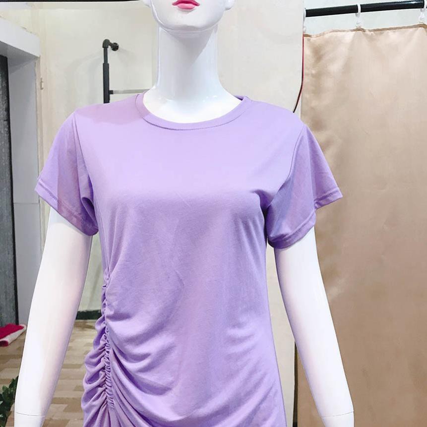 Đầm thun nhún eo màu tím hàng Quảng Châu cao cấp