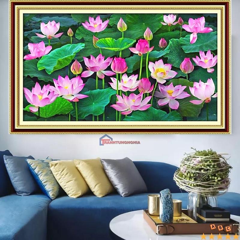 Tranh đính đá, tranh thêu chữ thập đầm sen 1m x 65cm - 1m50 x 80cm