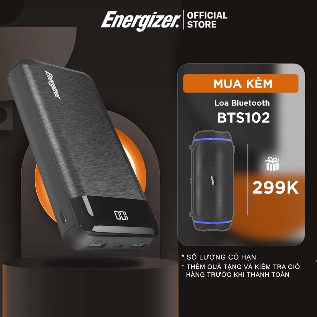 Pin dự phòng Energizer 20000mAh UE20058 - 2 cổng outputs, 2 cổng inputs tiện lợi - Hàng chính hãng