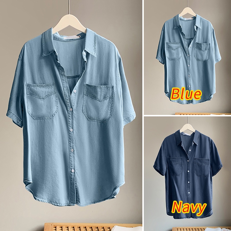 Áo sơ mi denim ZANZEA ngắn tay có túi thời trang nữ tính