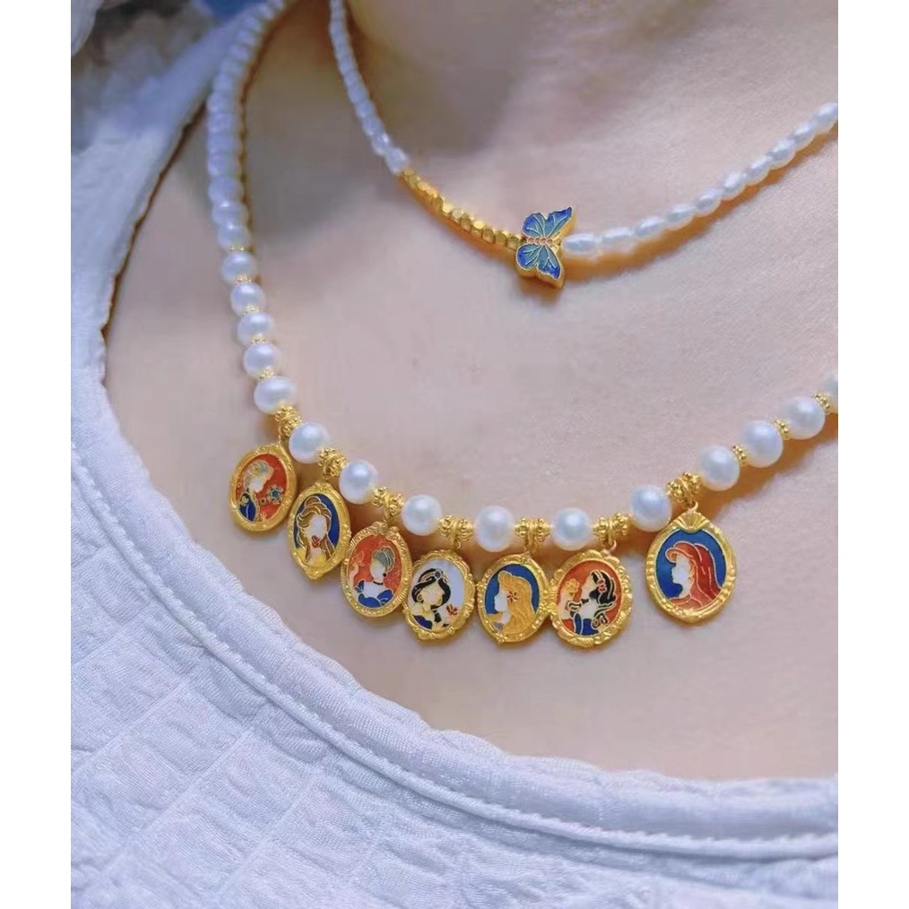 Dây Chuyền Mặt Hình Công Chúa Disney Màu Vàng Hồng / Hoa Nhài / Nàng Tiên Cá / Bạch Tuyết Hai Mặt Không Gây Dị Ứng