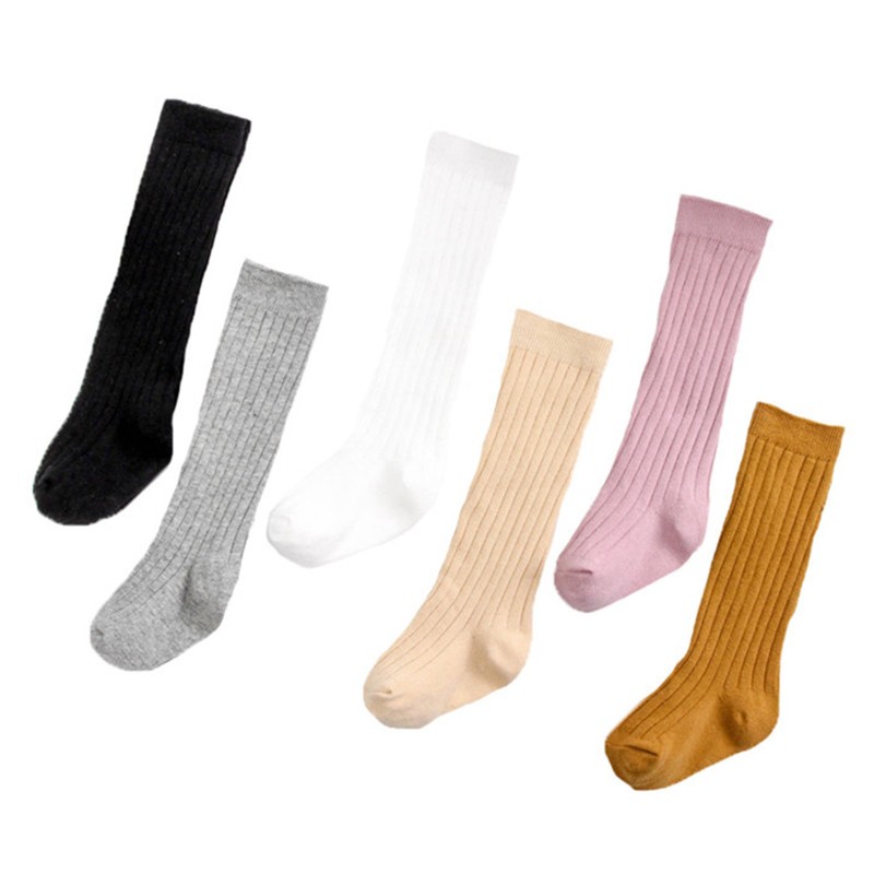 WM 6 Pair Solid Color Knee-Length Baby Girl Long Socks Children Striped Spring Sock