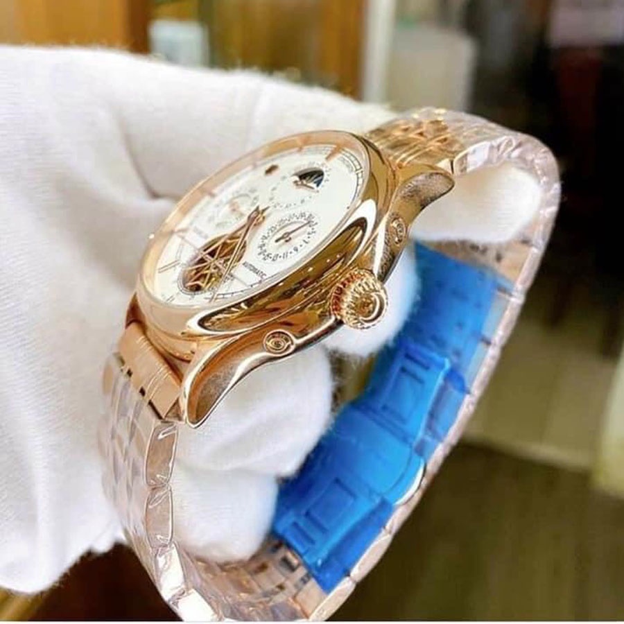 Đồng hồ Nam Vacheron máy nhật, mẫu 5kim lộ cơ thanh ngang, mặt trắng viền vàng , dòng cơ Automatic size 40mm-41mm