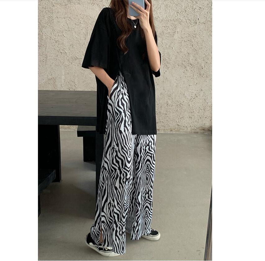 SUXI Quần Dài Nữ Lưng Cao Ống Rộng Họa Tiết Ngựa Vằn Thời Trang Hàn Quốc