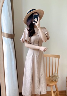 ĐẦM MIDI NUDE TAY PHỒNG (KÈM HÌNH THẬT)