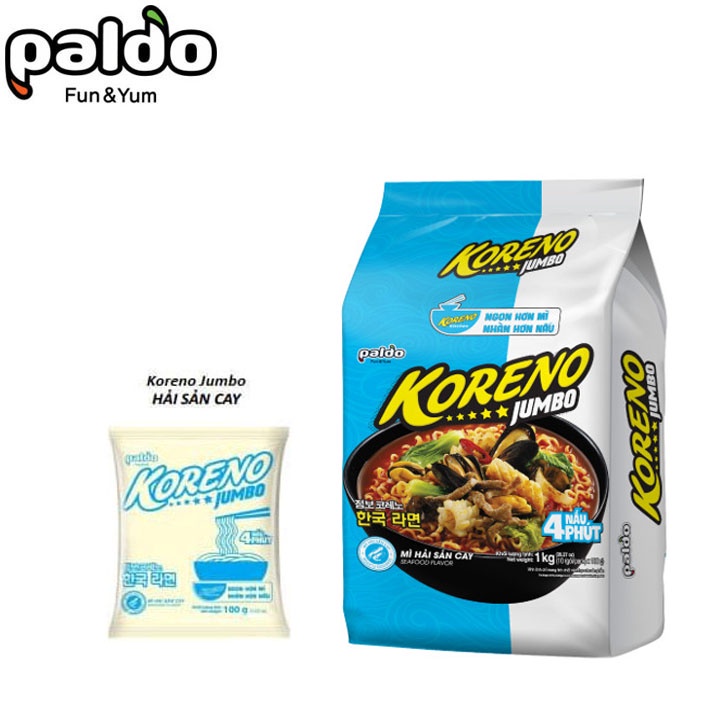 Mì Koreno Jumbo Túi 1kg - Mì Ăn Liền Hàn Quốc Vị Kimchi , Bò Cay .... ( Túi 10gói x 100gr )