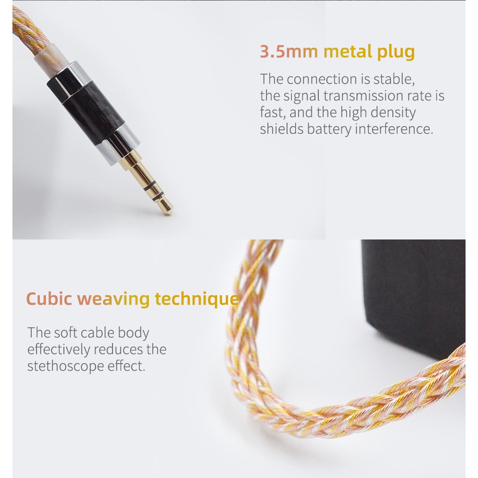 Dây cáp tai nghe KZ 8 lõi màu vàng bạc với chuôi cắm 3.5mm 2pin chuyên dụng cho KZ ZSN ZS10 PRO DQ6 CSN VX