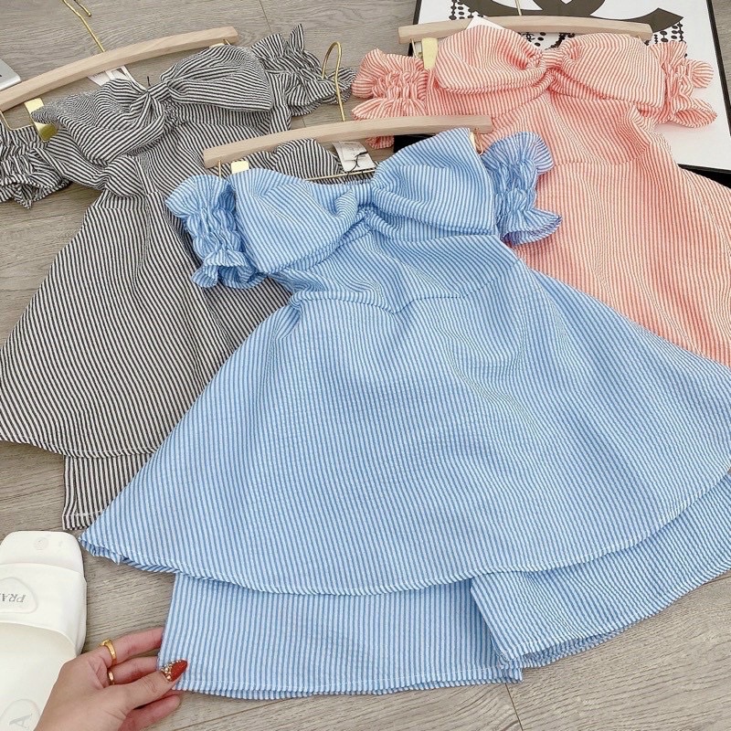 Sét Bộ Áo Trễ Vai Nơ Xốp Sọc, Sét Bộ Đi Chơi Dễ Thương Bigsize Quỳnh Anh Từ 50 kg Đến 100 kg M/L/XL/XXL