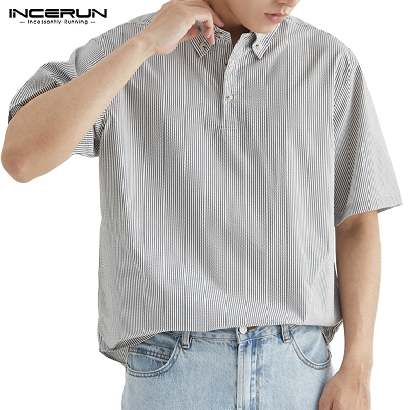 Áo thun polo INCERUN tay ngắn họa tiết sọc thời trang sành điệu cho nam