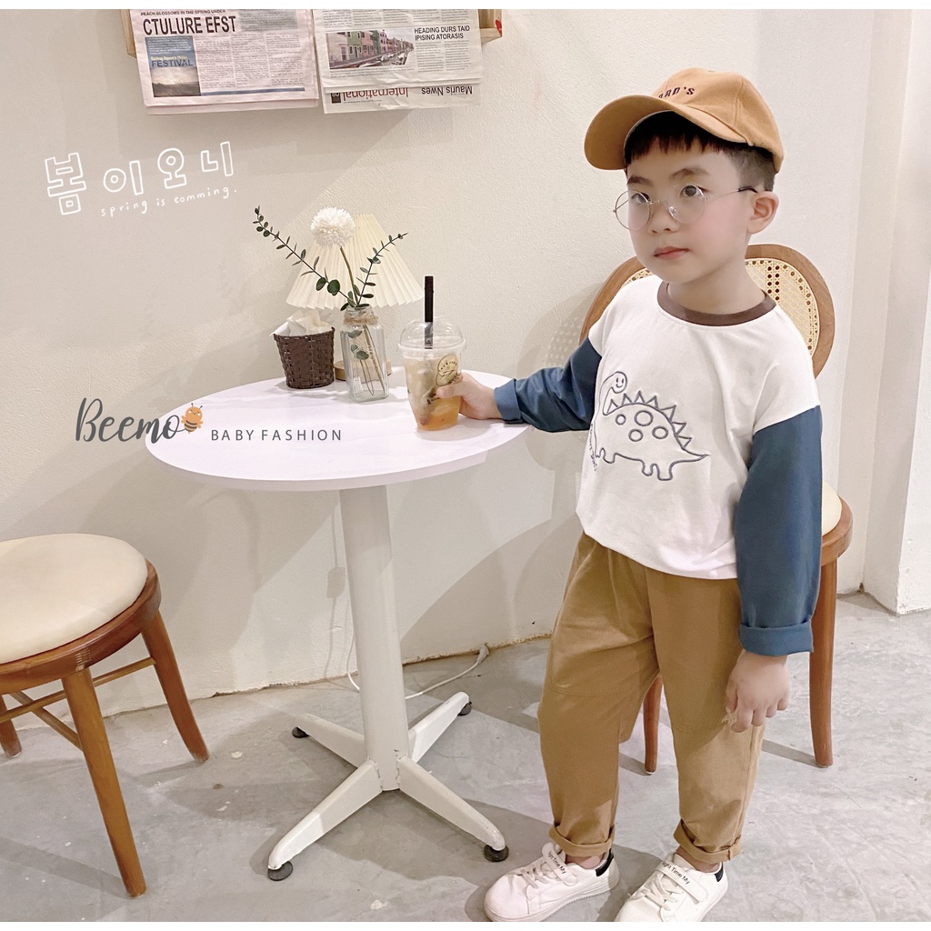 Bộ dài tay thu đông bé trai vải cotton hoạ tiết bé trai, bộ thun tay dài phối quần linen sành điệu Beemo