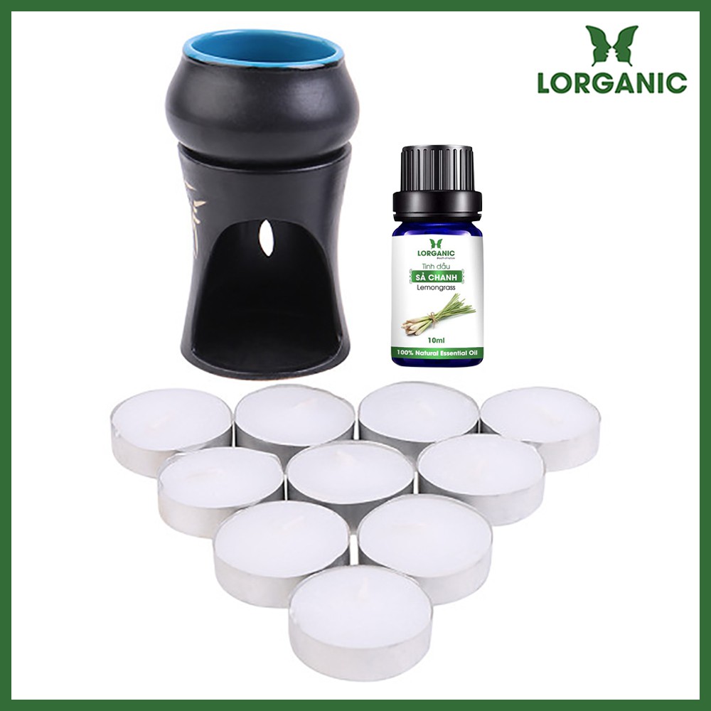 (FREE SHIP) Combo Đèn Nến Hình Trụ + Tinh Dầu Sả Chanh Lorganic (10ml) + 10 Viên Nến (mẫu đèn ngẫu nhiên)