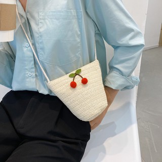 Túi Cói Đeo Chéo Đựng Điện Thoại Họa Tiết Quả Cherry Dễ Thương