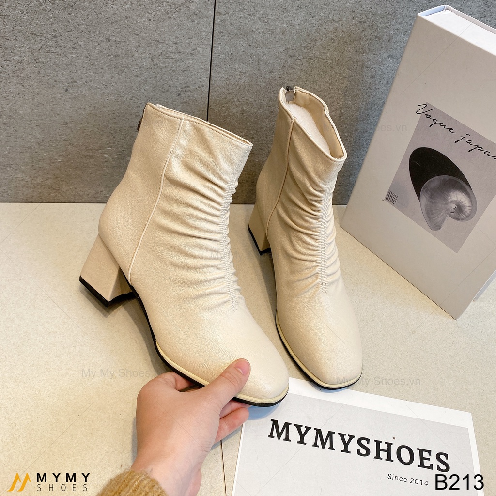 B213 Boot da lì chun nhăn khóa sau gót vuông 5p | BigBuy360 - bigbuy360.vn