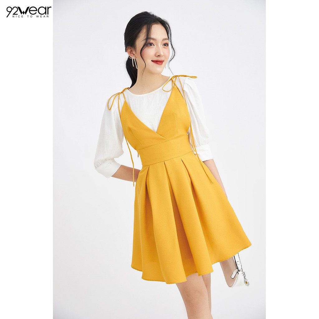 Đầm xòe tay lửng trắng phối màu DEW0053 - 92Wear | BigBuy360 - bigbuy360.vn