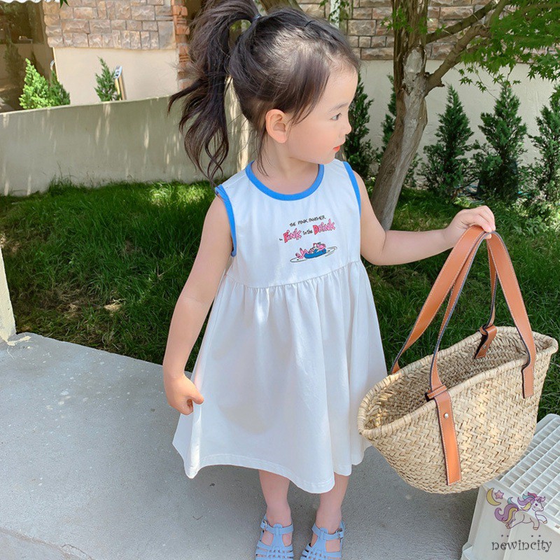 Đầm sát nách in họa tiết hoạt hình phong cách Hàn Quốc thời trang cho bé gái