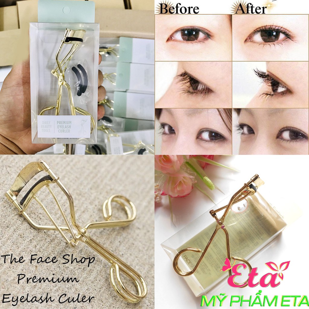 Kẹp mi The Face Shop Premium Eyelash Curler TFS vàng kèm lõi thay dễ dàng sử dụng