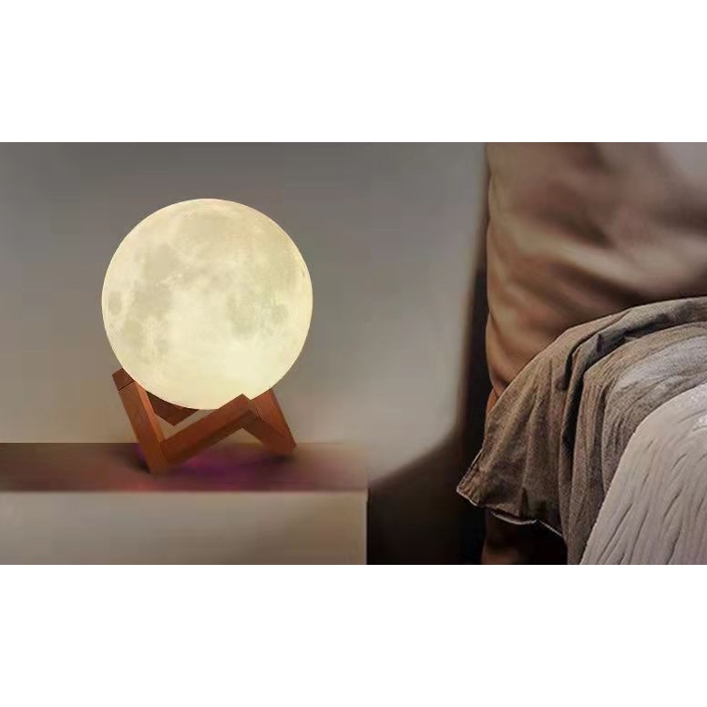 Đèn ngủ mặt trăng có pin sẵn kèm chân đế gỗ, đèn LED Moon Light để bàn trang trí phù hợp decor nhiều không gian 12cm