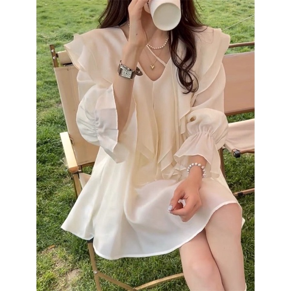 Váy voan Tơ Tay Xoè Tiểu thư 2lớp màu be