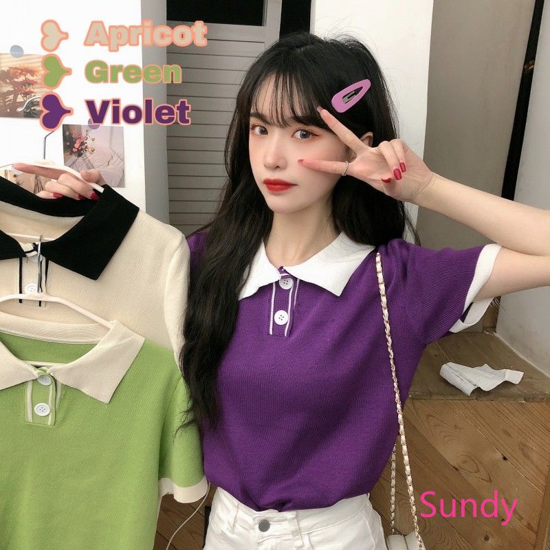 Áo polo dệt kim ngắn tay thời trang mùa hè năng động cho nữ