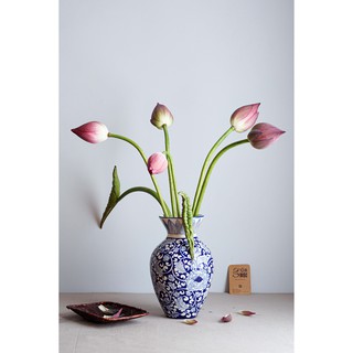 Bình hoa men trắng vẽ hoa phù dung dáng cao, cổ thắt, gốm Bát Tràng