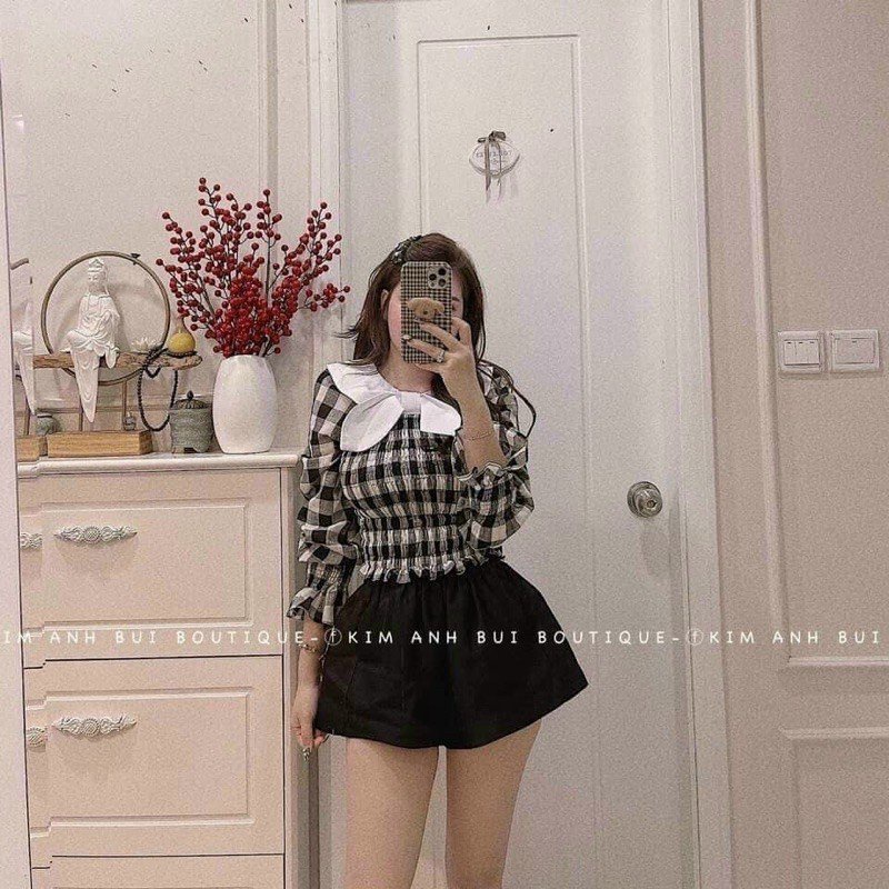 Áo kiểu nữ, áo nữ caro đen trắng phối nơ sọc caro đủ size S M L SKUA-18