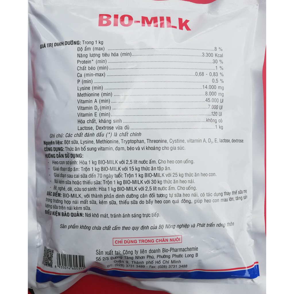 1 kg Bio-Milk Sữa cao cấp bổ sung vitamin, đạm, béo và vi khoáng chuyên dùng cho heo con, heo nái.