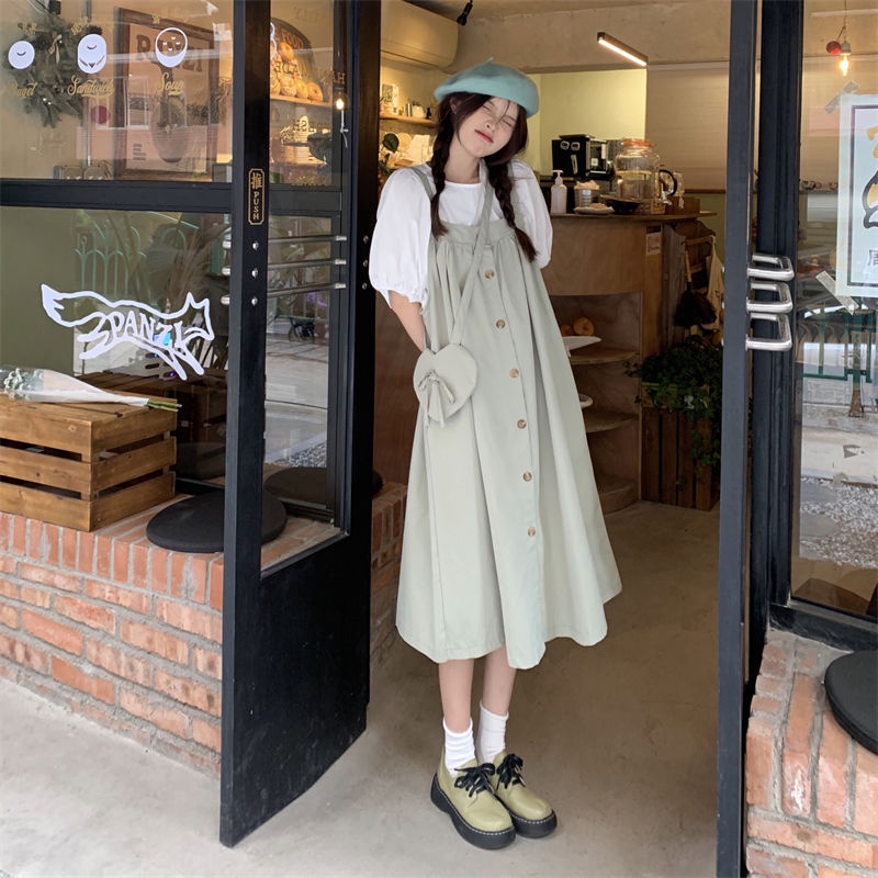Bộ Áo Tay Phồng + Đầm Yếm Màu Trơn Thời Trang Mùa Hè Hàn Quốc Dành Cho Nữ