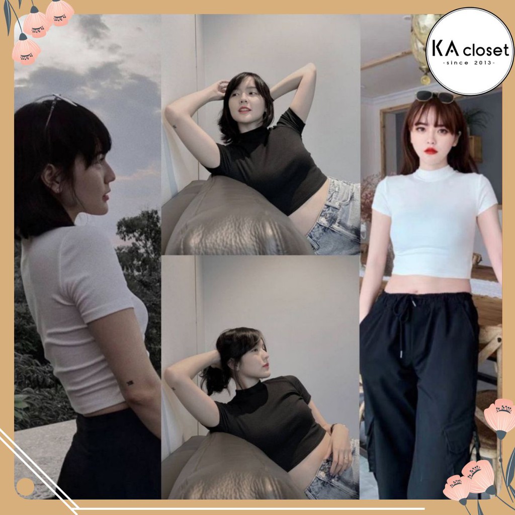 🆕 Áo croptop trơn KA Closet dáng mới cổ cao, chất bozip cotton, co dãn mạnh, ko xù, 2 màu Đen Trắng cực hot 2021