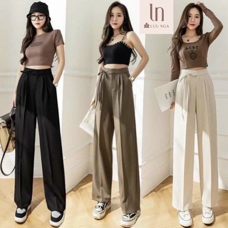 Quần ống rộng nữ lưng cao thắt nơ khóa trước vải tuyết mưa mềm mại, Quần tây nữ đi học công sở dạo phố chất Vitex caophố