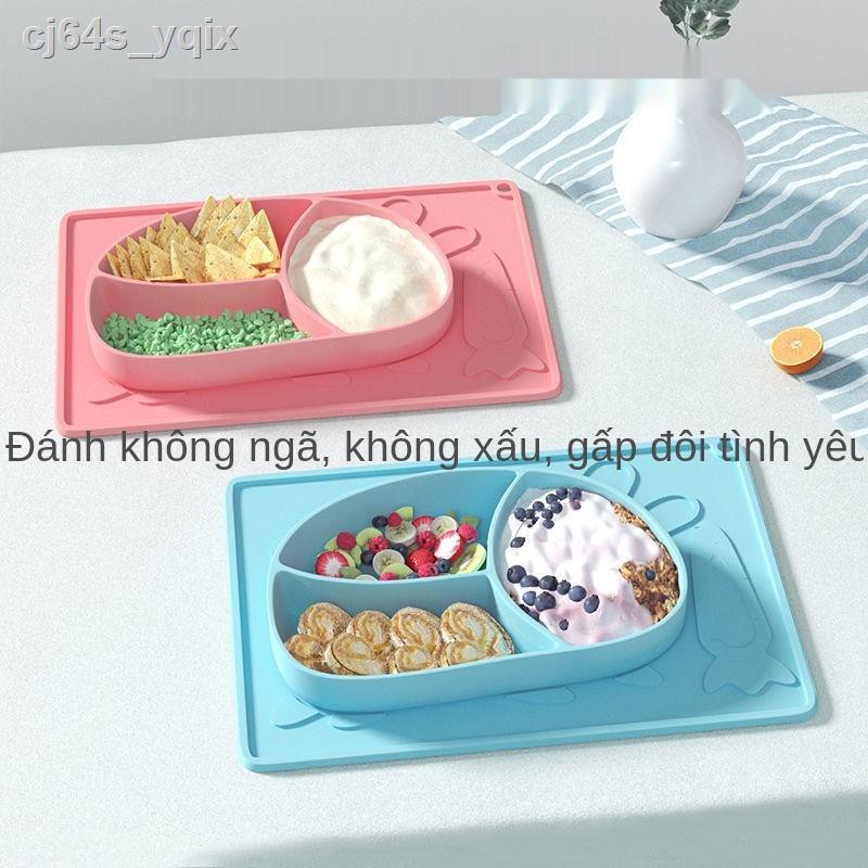 ✘Đĩa ăn cho bé Tích hợp cốc hút thức Bát có lưới Phim hoạt hình silicon chống vỡ Bộ đồ trẻ em dành