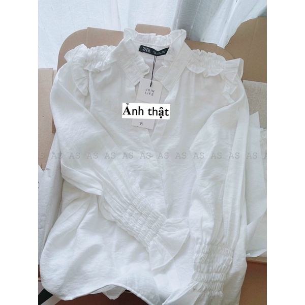 [Ảnh thật/cận chất] Áo sơmi chun tay cổ tàu bèo nhún cách điệu/ sơ mi tiểu thư