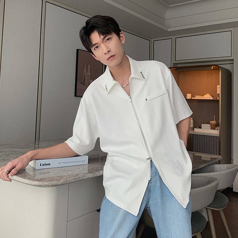 Áo Sơ Mi Tay Ngắn Phối Hai Khóa Kéo Kim Loại Phong Cách Hàn Quốc Cho Nam Giới Size M-2XL